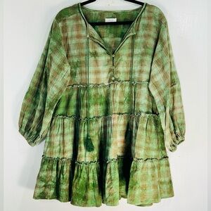 On You -Earthy Linen/Cotton green and brown babydoll.Tie dyed checkered mini.L